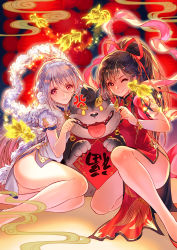 Rule 34 | 2girls, ;), anger vein, ass, black hair, breasts, china dress, chinese clothes, dog, dress, eclosion, kneeling, multiple girls, no panties, one eye closed, original, purple eyes, silver hair, sitting, smile