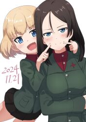 2girls black_hair blonde_hair blue_eyes blush breasts buchikaki closed_mouth dated girls_und_panzer highres katyusha_(girls_und_panzer) large_breasts long_hair looking_at_viewer military_uniform multiple_girls nonna_(girls_und_panzer) open_mouth pravda_military_uniform simple_background smile white_background