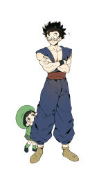 Rule 34 | black eyes, black hair, blush, crossed arms, dragon ball, father and daughter, glasses, grabbing another&#039;s leg, happy, looking at another, muscular, muscular male, pan (dragon ball), smile, son gohan, tagme