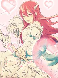 Rule 34 | 1girl, absurdres, blush, cordelia (bridal) (fire emblem), cordelia (fire emblem), dress, fire emblem, fire emblem awakening, fire emblem heroes, gloves, gown, hair ornament, highres, long hair, looking at viewer, nintendo, nishimura (shinchinagachi), open mouth, red eyes, red hair, smile, solo, very long hair, weapon, wedding dress