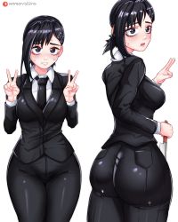 Rule 34 | 1girl, ass, bags under eyes, black eyes, black hair, blush, breasts, chainsaw man, double v, formal, from behind, hair ornament, hairclip, higashiyama kobeni, highres, huge ass, knife, large breasts, looking at viewer, looking back, o22no, open mouth, pants, parted lips, reverse grip, shiny clothes, short hair, sideboob, skin tight, smile, solo, suit, sweatdrop, thick thighs, thighs, v