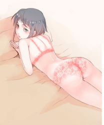Rule 34 | 1girl, ass, black hair, bra, commentary request, cowboy shot, eyelashes, from above, looking at viewer, original, own hands together, panties, red panties, satsuki hayanori, short hair, solo, underwear, underwear only