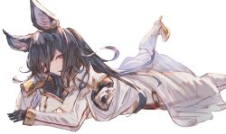 Rule 34 | 1girl, animal ears, black gloves, black hair, blush, boots, breasts, closed mouth, commentary request, eyes visible through hair, feet out of frame, gloves, granblue fantasy, hair over one eye, high heel boots, high heels, ilsa (granblue fantasy), jacket, long hair, long sleeves, looking at viewer, lying, medium breasts, on stomach, pants, red eyes, simple background, sleeves past wrists, solo, tota (sizukurubiks), very long hair, white background, white footwear, white jacket, white pants