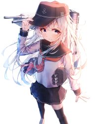 Rule 34 | 1girl, absurdres, anchor symbol, black hat, black sailor collar, black skirt, black thighhighs, blue eyes, blush, closed mouth, dfd, flat cap, foot out of frame, grey hair, hair between eyes, hat, hibiki (kancolle), highres, kantai collection, long hair, long sleeves, machinery, neckerchief, pleated skirt, red neckerchief, rigging, sailor collar, school uniform, serafuku, sidelocks, simple background, skirt, smokestack, solo, thighhighs, turret, white background