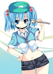 Rule 34 | 1girl, alternate costume, blue eyes, blue hair, hair bobbles, hair ornament, hand on own hip, hat, kawashiro nitori, key, looking at viewer, matching hair/eyes, maturiuta sorato, midriff, navel, shirt, short shorts, short sleeves, shorts, smile, solo, touhou, twintails, two side up, wrench