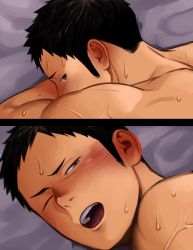 Rule 34 | 1boy, back, black hair, blush, completely nude, ear blush, haikyuu!!, implied anal, implied sex, itto (mentaiko), kiss, looking back, lying, male focus, naughty face, nude, on bed, on stomach, one eye closed, sawamura daichi, short hair, toned, toned male, yaoi