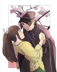 Rule 34 | 2girls, ace attorney, black hair, black headwear, black jacket, blush, branch, brown eyes, capelet, cherry blossoms, crossdressing, floral print, flower, green hakama, hair ribbon, hakama, hand on another&#039;s back, highres, holding hands, jacket, japanese clothes, kimono, long hair, long sleeves, looking at another, multiple girls, official alternate costume, officinale t, petals, ponytail, rei membami, ribbon, short hair, skirt, susato mikotoba, the great ace attorney, the great ace attorney 2: resolve, yellow kimono