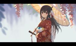 Rule 34 | 1girl, absurdres, blurry, blurry background, brown eyes, brown hair, brown umbrella, closed mouth, depth of field, floral print, folded fan, folding fan, hagi (ame hagi), hair ornament, hand fan, highres, holding, holding fan, holding umbrella, japanese clothes, kimono, letterboxed, long hair, looking at viewer, oil-paper umbrella, original, print kimono, red kimono, solo, umbrella