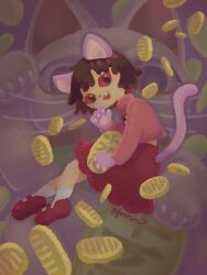 Rule 34 | 1girl, :3, animal ears, animal hands, black eyes, brown hair, cat ears, cat girl, cat paws, cat tail, coin, colored sclera, commentary request, falling money, fang, from side, full body, gold, head tilt, highres, holding, holding coin, koban (gold), long sleeves, looking at viewer, looking to the side, madotsuki, maneki-neko, mary janes, niwasakino daei, open mouth, pink sweater, purple background, red footwear, red sclera, red skirt, shoes, short hair, signature, skirt, smile, socks, solo, sweater, tail, turtleneck, turtleneck sweater, white socks, yume nikki