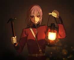 Rule 34 | 1girl, bad id, bad pixiv id, belt, braid, breasts, email2140, fate/grand order, fate (series), florence nightingale (fate), gloves, hair tie, hammer, highres, lantern, large breasts, long hair, looking at viewer, military, military uniform, pink hair, red eyes, smile, solo, uniform, white gloves