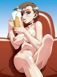 Rule 34 | 1girl, alcohol, asymmetrical bangs, beer, blush, breasts, brown eyes, brown hair, casual nudity, choker, collarbone, copyright request, couch, cropped legs, gradient background, hair over one eye, highres, holding, large breasts, lips, looking at viewer, minazuki juuzou, navel, nipples, nude, open mouth, puffy nipples, shiny skin, short hair, sitting, solo