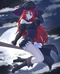 Rule 34 | 1girl, absurdres, alternate costume, bare shoulders, black footwear, black hat, boots, broom, broom riding, cloud, cloudy sky, commission, cordelia (fire emblem), fire emblem, fire emblem awakening, fire emblem fates, full moon, grimmelsdathird, grin, hat, high heels, highres, long hair, long sleeves, looking at viewer, moon, night, night sky, nintendo, outdoors, red eyes, red hair, skirt, sky, smile, solo, star (sky), starry sky, very long hair, white skirt, witch, witch hat