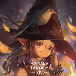 Rule 34 | 1girl, adjusting eyewear, animal, animal on head, bird, bird on head, black hair, black hat, black mage (final fantasy), closed mouth, collared shirt, copyright name, earrings, final fantasy, final fantasy xiv, fire, glasses, hat, head tilt, highres, jewelry, kazekokakuii, lalafell, long hair, looking at viewer, night, on head, partially shaded face, purple eyes, sash, scrunchie, shirt, shoulder sash, signature, smile, solo, upper body, warrior of light (ff14), white shirt, witch hat, wrist scrunchie