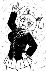 Rule 34 | 1girl, :d, animal ears, arm up, breasts, collared shirt, commentary request, crescent, crescent pin, finger gun, greyscale, hand on own hip, jacket, long hair, long sleeves, monochrome, necktie, nicetack, open mouth, pleated skirt, pointing, pointing up, rabbit ears, reisen udongein inaba, shirt, simple background, skirt, smile, solo, sparkle, tight clothes, touhou