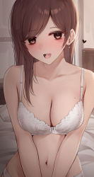 Rule 34 | 1girl, :d, bare arms, bare shoulders, bed, bed sheet, blush, bra, breasts, brown eyes, brown hair, cleavage, collarbone, earrings, heart, heart-shaped pupils, highres, indoors, jewelry, kanju, large breasts, looking at viewer, mole, mole on breast, mole under eye, navel, open mouth, original, panties, smile, solo, swept bangs, symbol-shaped pupils, underwear, underwear only, upper body, white bra, white panties