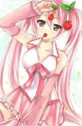 Rule 34 | 1girl, alternate color, alternate hair color, bad id, bad pixiv id, blush, breasts, brown eyes, cherry, cleavage, detached sleeves, food, fruit, hatsune miku, holding, holding food, holding fruit, ichigohou, long hair, mouth hold, pink hair, sakura miku, shira ichigo (ichigohou), skirt, solo, thighhighs, twintails, vocaloid