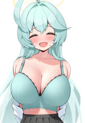 Rule 34 | 1girl, ^ ^, ahoge, arms behind back, bare shoulders, black skirt, blue archive, blush, bra, breasts, cleavage, closed eyes, collarbone, facing viewer, green bra, green hair, hair intakes, halo, huge ahoge, huge breasts, long hair, open clothes, open shirt, pleated skirt, shirt, simple background, skirt, solo, sweat, underwear, upper body, ushimittsu, very long hair, white background, white shirt, yume (blue archive)