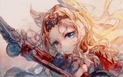 Rule 34 | 1girl, absurdres, aiming, aiming at viewer, animal ears, archetto (arknights), arknights, artist name, black gloves, blonde hair, blue eyes, bow (weapon), commentary, gloves, highres, holding, holding bow (weapon), holding weapon, huge filesize, long hair, moyu marginal, open mouth, painting (medium), portrait, red eyes, solo, tiara, traditional media, watercolor (medium), weapon