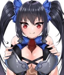 Rule 34 | 1boy, 1girl, black hair, blush, breasts, breasts squeezed together, censored, clothed paizuri, large breasts, licking lips, long hair, looking at viewer, mosaic censoring, neptune (series), noire (neptunia), paizuri, paizuri under clothes, penis, red eyes, shirt, tongue, tongue out, twintails, very long hair