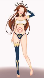 Rule 34 | 1girl, 3d, antenna hair, artist request, asymmetrical legwear, black panties, blush, breasts, brown hair, cosplay, creatures (company), crown, curvy, delia ketchum, fate/grand order, fate (series), full body, game freak, highleg, highleg panties, highres, ishtar (fate) (cosplay), long hair, low tied hair, nintendo, panties, pokemon, pokemon (anime), pokemon (classic anime), shiny skin, simple background, smile, solo, tattoo, thighhighs, thong, underwear, uneven legwear