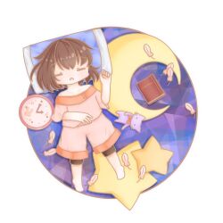 Rule 34 | 1girl, baggy shorts, barefoot, book, brown hair, clock-shaped pillow, coto mugi, feathers, moon-shaped pillow, outside border, outstretched leg, pajamas, pillow, purple background, round image, short hair, shorts, sleeping, sleepwear, star-shaped pillow, stuffed animal, stuffed cat, stuffed toy, touhou, usami renko