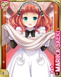 Rule 34 | 1girl, apron, black bow, black dress, blunt bangs, bow, card, character name, door, dress, girlfriend (kari), green eyes, holding, indoors, maid, mansion, official art, open mouth, qp:flapper, red hair, rug, saeki marika, scarf, smile, solo, tagme