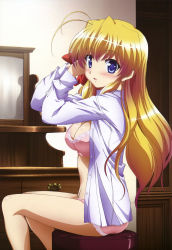 Rule 34 | 1girl, :o, absurdres, antenna hair, blonde hair, blue eyes, blush, bow, bra, breasts, cleavage, embarrassed, fortune arterial, from behind, gradient hair, hair bow, hairdressing, highres, isono satoshi, lace, lace bra, lace panties, large breasts, lingerie, long hair, looking back, multicolored hair, no pants, nyantype, official art, open clothes, open shirt, panties, pink bra, pink panties, scan, sendou erika, shirt, sitting, solo, stool, surprised, underwear, very long hair