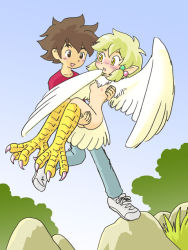 Rule 34 | blonde hair, blush, breasts, brown eyes, brown hair, clothed male nude female, earrings, harpy, jewelry, monster girl, navel, nude, outdoors, pukao, short hair, small breasts, talons, wings, yellow eyes, zenra