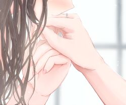 Rule 34 | 2girls, benevole, black hair, close-up, hand focus, highres, indoors, jewelry, kiss, kissing hand, multiple girls, original, out of frame, ring, wedding ring, yuri