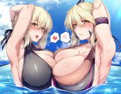 Rule 34 | 2girls, alternate breast size, artoria pendragon (all), artoria pendragon (fate), artoria pendragon (lancer alter) (fate), asymmetrical docking, blonde hair, blue sky, blush, breast press, breasts squeezed together, breasts, cleavage, cloud, dual persona, eyebrows, fate/grand order, fate (series), from side, hirasawa seiji, horns, huge breasts, large breasts, multiple girls, ocean, platinum blonde hair, saber alter, sky, sparkle, submerged, swimming, swimsuit, tongue, tongue out, twitter username, yellow eyes