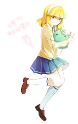 Rule 34 | 10s, 1girl, absurdres, bad id, bad pixiv id, blonde hair, blush, cardigan, creature, hairband, heart, highres, kazhi, kise yayoi, necktie, precure, school uniform, short hair, skirt, smile, smile precure!, socks, standing, text focus, v, white hairband, yellow eyes