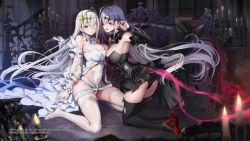 Rule 34 | 2girls, arm up, ass, azur lane, bare shoulders, black dress, black panties, black thighhighs, blue eyes, boots, breast press, breasts, candle, candlestand, cleavage, closed mouth, couch, detached sleeves, dress, dual persona, emden (azur lane), floating hair, flower, flower over eye, full body, groin, highres, indoors, kneeling, large breasts, leotard, long hair, looking at viewer, multiple girls, nylon (nylon 100%), open mouth, panties, red eyes, red flower, red rose, rose, table, thigh boots, thighhighs, thighs, underwear, white hair, white leotard, white thighhighs, wrist cuffs