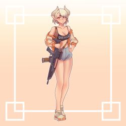 Rule 34 | 1girl, absurdres, alliant techsystems, black shirt, blonde hair, breasts, cleavage, closed mouth, denim, denim shorts, gun, h&amp;k xm8, hand on own hip, heckler &amp; koch, highres, holding, holding gun, holding weapon, horns, jacket, looking at viewer, military program, oicw increment 1 (military program), oicw increments (military program), orange background, orange eyes, orange footwear, orange jacket, original, pointy ears, shirt, shoes, short hair, shorts, sleeveless, sneakers, solo, standing, thick eyebrows, weapon, willy pete