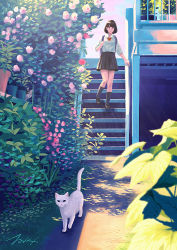 Rule 34 | 1girl, backpack, bag, black footwear, black hair, black skirt, black socks, building, cat, collared shirt, flower, looking at viewer, original, pink flower, plant, pleated skirt, potted plant, red neckwear, shadow, shirt, shoes, short hair, signature, skirt, socks, solo, stairs, takigraphic, tree, white cat, white shirt