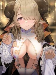 Rule 34 | 1girl, animal ears, blonde hair, blunt bangs, blush, breast curtain, breasts, breasts apart, closed mouth, cow ears, curled horns, floral print, frills, garter straps, habit, hair over one eye, hair over shoulder, hands up, highres, holding hands, horns, kuwahara taiki, large breasts, leaning forward, light smile, loincloth, long hair, long sleeves, looking at viewer, nun, original, pov, pov hands, red eyes, thighhighs, white thighhighs, yellow nails