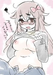 Rule 34 | 10s, 1girl, bad id, bad twitter id, blush, bow, breasts, brown eyes, brown hair, clothes lift, fate/extra, fate/extra ccc, fate (series), glasses, hair bow, hammer (sunset beach), jinako carigiri, large breasts, long hair, navel, nipples, plump, shirt lift, sketch, solo, squiggle, stomach, translation request, unzipped