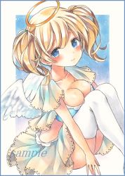 Rule 34 | 1girl, angel, bad id, bad pixiv id, blonde hair, blue bra, blue eyes, bra, breast press, breasts, brown skirt, cleavage, closed mouth, colored pencil (medium), feathered wings, halo, large breasts, light smile, looking at viewer, marker (medium), original, potto, sample watermark, sitting, skirt, smile, solo, swept bangs, tareme, thighhighs, thighs, traditional media, twintails, underwear, watermark, wavy hair, white wings, wings