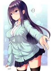 Rule 34 | 1girl, black thighhighs, blue cardigan, blue skirt, blush, breasts, cardigan, cleavage, closed mouth, collared shirt, dress shirt, hair between eyes, highres, long hair, long sleeves, looking away, medium breasts, mokufuu, original, outstretched arm, pleated skirt, purple eyes, purple hair, shirt, sidelocks, signature, skirt, sleeves past wrists, solo, spoken blush, thighhighs, v-shaped eyebrows, very long hair, white shirt