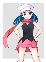 Rule 34 | 1girl, bad id, bad pixiv id, black shirt, blue eyes, blue hair, creatures (company), dawn (pokemon), floating hair, from below, game freak, grey background, hands on own hips, hat, highres, long hair, looking at viewer, miniskirt, nintendo, pink skirt, pokemon, pokemon dppt, red scarf, scarf, shirt, skirt, sleeveless, sleeveless shirt, smile, solo, standing, white hat, yuihico