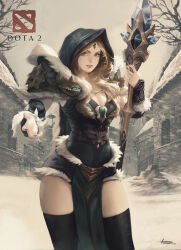 Rule 34 | 1girl, absurdres, arm guards, armor, black thighhighs, blonde hair, blue cape, blue dress, blue eyes, blue hood, breasts, cape, cleavage, coat, commentary, copyright name, cowboy shot, crystal maiden, dota (series), dota 2, dress, english commentary, forehead jewel, fur coat, fur dress, highres, holding, holding staff, lips, logo, long hair, lonwa a, looking at viewer, medium breasts, nail polish, outdoors, pauldrons, pelvic curtain, purple nails, sepia, shoulder armor, signature, sky, snow, snowing, solo, staff, stone wall, thighhighs, wall, white sky