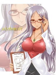 Rule 34 | 1girl, adjusting eyewear, ahoge, aq interactive, arcana heart, arcana heart 2, atlus, bad id, bad pixiv id, breasts, cleavage, clipboard, covered erect nipples, dark-skinned female, dark skin, examu, glasses, hair ornament, hairclip, jewelry, lab coat, large breasts, lipstick, long hair, makeup, miniskirt, necklace, paopao, parace l&#039;sia, pencil skirt, pendant, red eyes, skirt, smile, solo, source request, sparkle, thighhighs, white hair, zoom layer