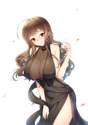 Rule 34 | 1girl, ahoge, armlet, bad id, bad pixiv id, black dress, blunt bangs, blush, breasts, brown hair, casual, choker, cleavage, closed mouth, commentary, cup, dress, drinking glass, dsr-50 (girls&#039; frontline), dsr-50 (highest bid) (girls&#039; frontline), earrings, gem, girls&#039; frontline, hair ornament, holding, holding cup, holding drinking glass, jewelry, large breasts, leaning forward, long hair, looking at viewer, official alternate costume, pendant, petals, red eyes, red gemstone, side slit, sideboob, sidelocks, simple background, smile, solo, thighs, tp (kido 94), very long hair, wavy hair, white background