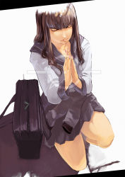 Rule 34 | 1girl, bag, bigegg, brown hair, clothes around waist, dutch angle, closed eyes, highres, kneeling, long hair, nail polish, on one knee, photo (object), pink nails, praying, realistic, school uniform, serafuku, skirt, solo, sweater, sweater around waist, taking picture, zipper