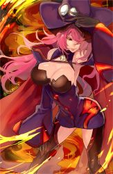 Rule 34 | 1girl, armpits, bare shoulders, black sclera, blazblue, blazblue: central fiction, breasts, cape, cleavage, colored sclera, gloves, hair over one eye, hat, highres, konoe a. mercury, large breasts, long hair, pink hair, red hair, solo, thighhighs, tomo (tomorag7), witch hat, yellow eyes