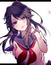 Rule 34 | 1girl, aicedrop, ayano aishi, black hair, blue eyes, blush, commentary, letterboxed, long hair, looking at viewer, parted lips, ponytail, school uniform, serafuku, signature, simple background, smile, solo, upper body, white background, yandere simulator