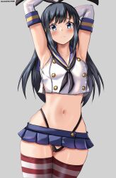 Rule 34 | 1girl, armpits, arms behind head, arms up, asashio (kancolle), black hair, black hairband, black neckerchief, black panties, blue eyes, blue sailor collar, blue skirt, blush, breasts, cosplay, crop top, elbow gloves, embarrassed, gloves, grey background, hairband, highleg, highleg panties, highres, kantai collection, long hair, looking at viewer, microskirt, miniskirt, mizuki (uzuki no sato), neckerchief, one-hour drawing challenge, panties, sailor collar, shimakaze (kancolle), shimakaze (kancolle) (cosplay), simple background, skirt, small breasts, solo, striped clothes, striped thighhighs, thighhighs, underwear, white gloves