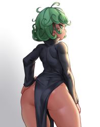 Rule 34 | 1girl, absurdres, ass, black dress, breasts, closed mouth, curly hair, curvy, dress, hand on own hip, highres, huge ass, kelvin hiu, large breasts, looking at viewer, looking back, no panties, one-punch man, pelvic curtain, shiny skin, short hair, sideboob, solo, tatsumaki, thick thighs, thighs, white background, wide hips