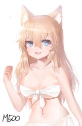 Rule 34 | 1girl, :d, animal ear fluff, animal ears, bad id, bad pixiv id, bare arms, bare shoulders, bikini, blue eyes, blush, breasts, cat ears, cleavage, collarbone, commentary request, dokomon, fang, front-tie top, girls&#039; frontline, hair between eyes, hand up, highres, korean commentary, light brown hair, long hair, looking at viewer, m500 (girls&#039; frontline), medium breasts, navel, open mouth, side-tie bikini bottom, simple background, skindentation, smile, solo, swimsuit, very long hair, white background, white bikini