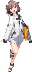 Rule 34 | 1girl, bag, binoculars, black one-piece swimsuit, brown eyes, brown hair, dress, full body, headgear, hood, hoodie, kantai collection, long sleeves, official art, one-piece swimsuit, open mouth, sandals, shizuma yoshinori, short hair, shoulder bag, smile, solo, swimsuit, swimsuit under clothes, transparent background, white dress, yukikaze (kancolle)