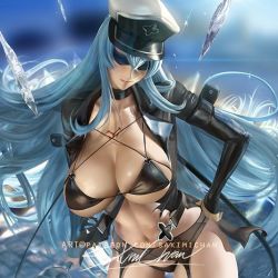 Rule 34 | 1girl, abs, akame ga kill!, banned artist, bikini, black bikini, black hair, blindfold, blue eyes, blue hair, boots, breasts, chest tattoo, cleavage, esdeath, garter belt, garter straps, hair between eyes, hat, holding, holding weapon, ice, large breasts, long hair, looking at viewer, military, military hat, military uniform, navel, open clothes, peaked cap, rapier, sakimichan, smile, solo, standing, swimsuit, sword, tattoo, thigh boots, thighhighs, thighs, torn clothes, underwear, uniform, very long hair, weapon